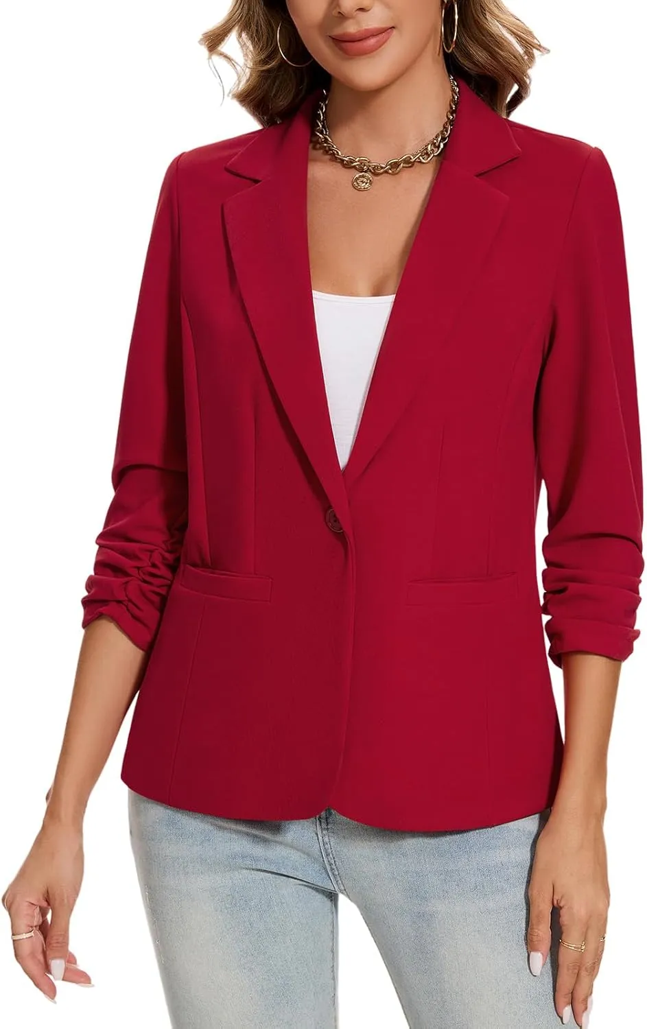 MINTLIMIT Blazers for Women Ruched 3/4 Sleeve Notch Lapel Button Front Blazer Casual Work Office Suit Jacket with Pocket