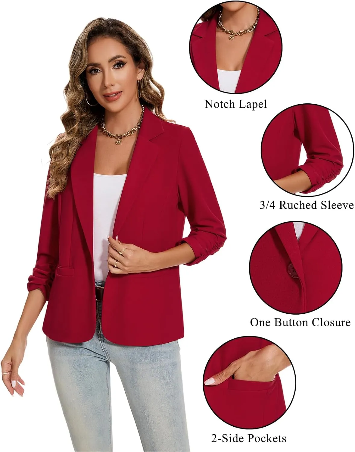 MINTLIMIT Blazers for Women Ruched 3/4 Sleeve Notch Lapel Button Front Blazer Casual Work Office Suit Jacket with Pocket