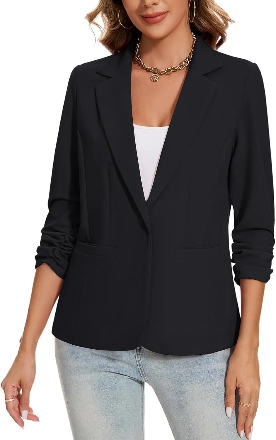 MINTLIMIT Blazers for Women Ruched 3/4 Sleeve Notch Lapel Button Front Blazer Casual Work Office Suit Jacket with Pocket