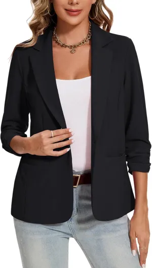 MINTLIMIT Blazers for Women Ruched 3/4 Sleeve Notch Lapel Button Front Blazer Casual Work Office Suit Jacket with Pocket