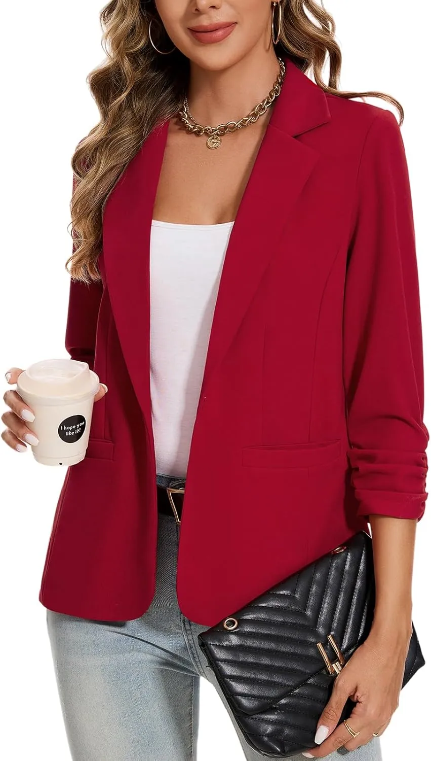 MINTLIMIT Blazers for Women Ruched 3/4 Sleeve Notch Lapel Button Front Blazer Casual Work Office Suit Jacket with Pocket