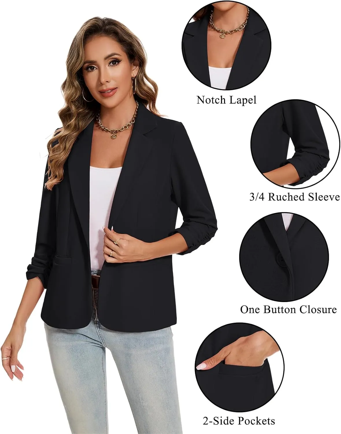 MINTLIMIT Blazers for Women Ruched 3/4 Sleeve Notch Lapel Button Front Blazer Casual Work Office Suit Jacket with Pocket