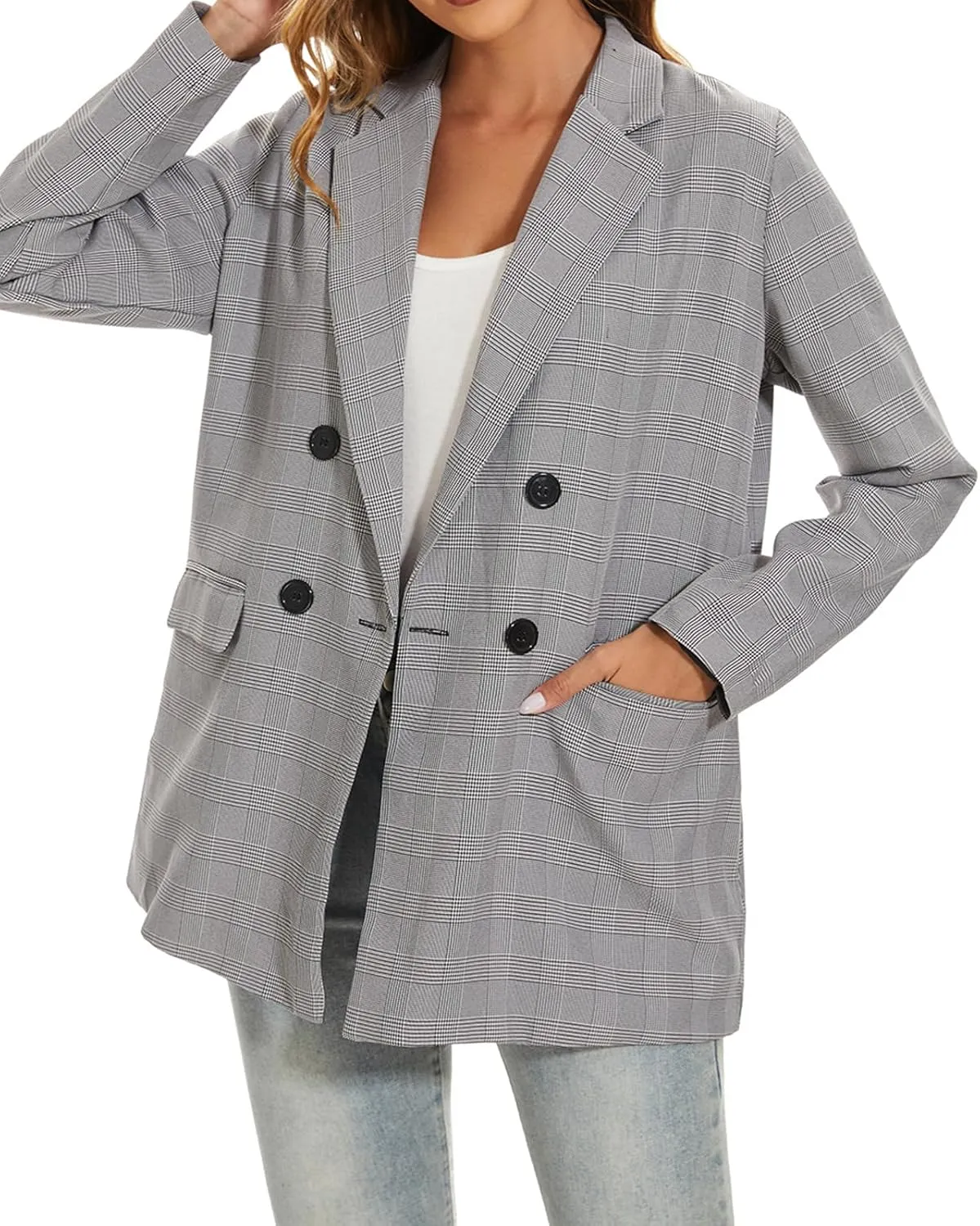 MINTLIMIT Women's Plaid Blazer Casual Long Sleeve Oversized Boyfriend Blazers Double Breasted Lapel Jacket with Pockets