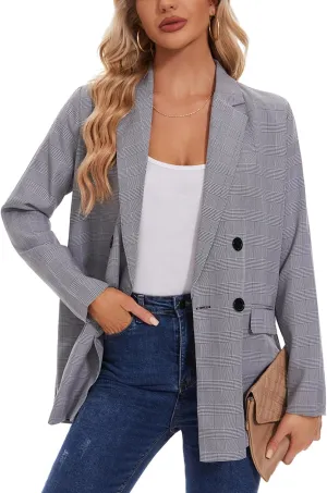 MINTLIMIT Women's Plaid Blazer Casual Long Sleeve Oversized Boyfriend Blazers Double Breasted Lapel Jacket with Pockets