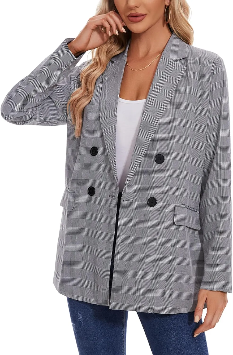 MINTLIMIT Women's Plaid Blazer Casual Long Sleeve Oversized Boyfriend Blazers Double Breasted Lapel Jacket with Pockets