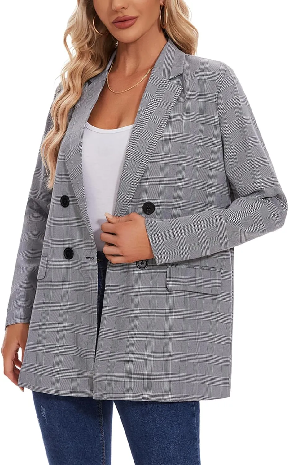 MINTLIMIT Women's Plaid Blazer Casual Long Sleeve Oversized Boyfriend Blazers Double Breasted Lapel Jacket with Pockets