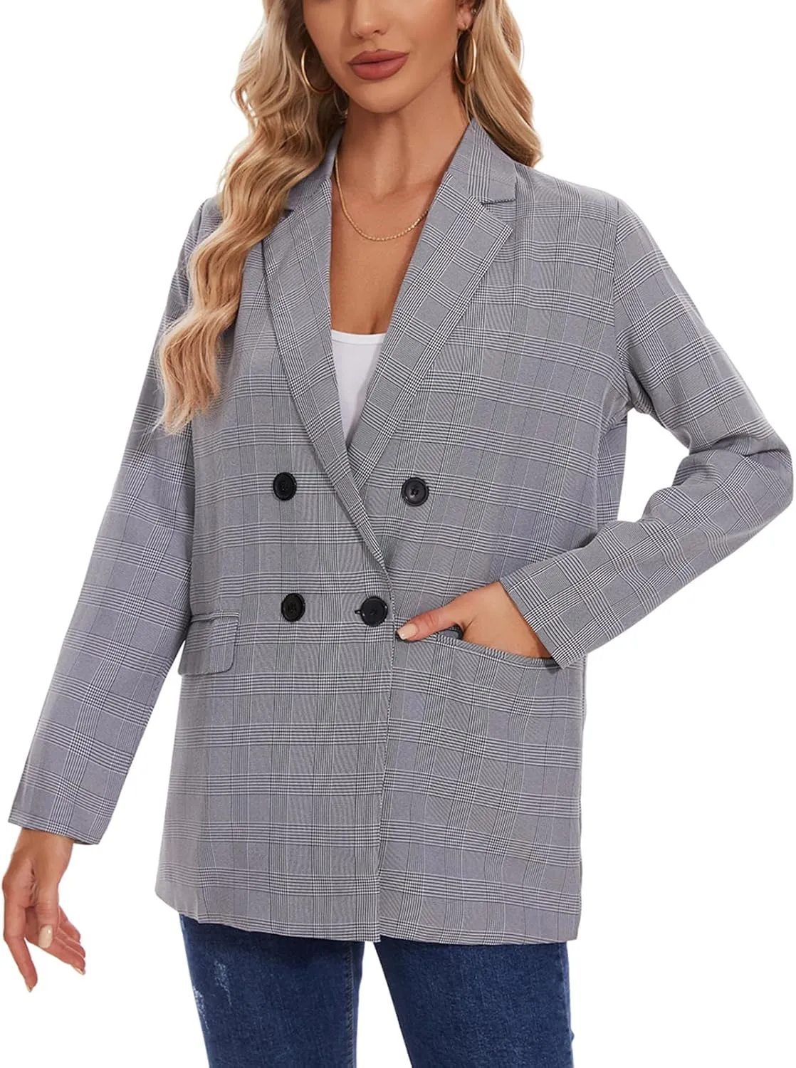 MINTLIMIT Women's Plaid Blazer Casual Long Sleeve Oversized Boyfriend Blazers Double Breasted Lapel Jacket with Pockets