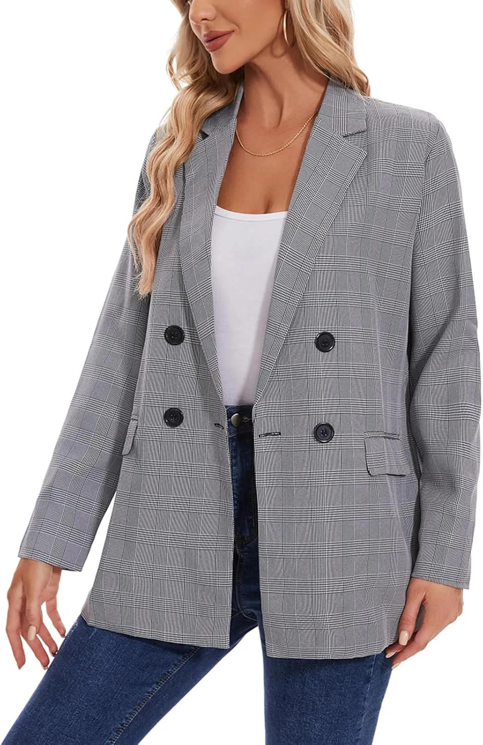 MINTLIMIT Women's Plaid Blazer Casual Long Sleeve Oversized Boyfriend Blazers Double Breasted Lapel Jacket with Pockets