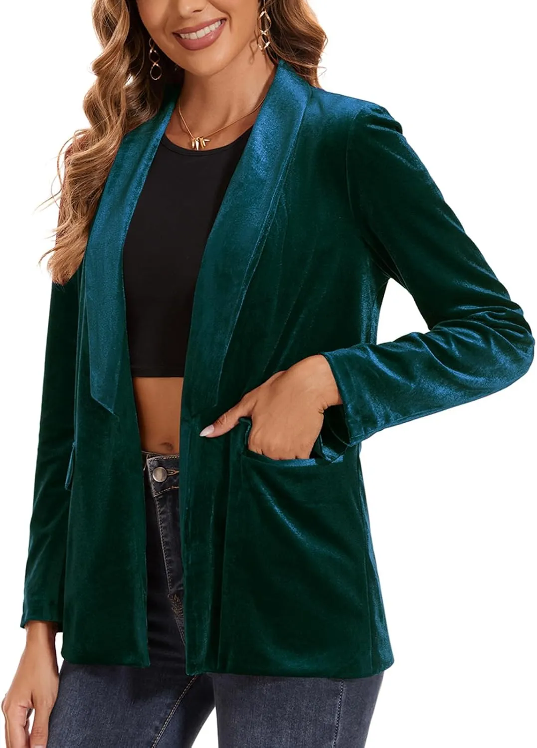MINTLIMIT Women's Velvet Cardigan Jacket Shawl Collar Open Front Vintage Office Blazer Jacket Suit with Pockets