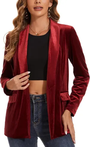 MINTLIMIT Women's Velvet Cardigan Jacket Shawl Collar Open Front Vintage Office Blazer Jacket Suit with Pockets