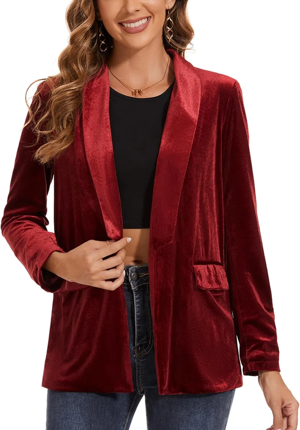 MINTLIMIT Women's Velvet Cardigan Jacket Shawl Collar Open Front Vintage Office Blazer Jacket Suit with Pockets