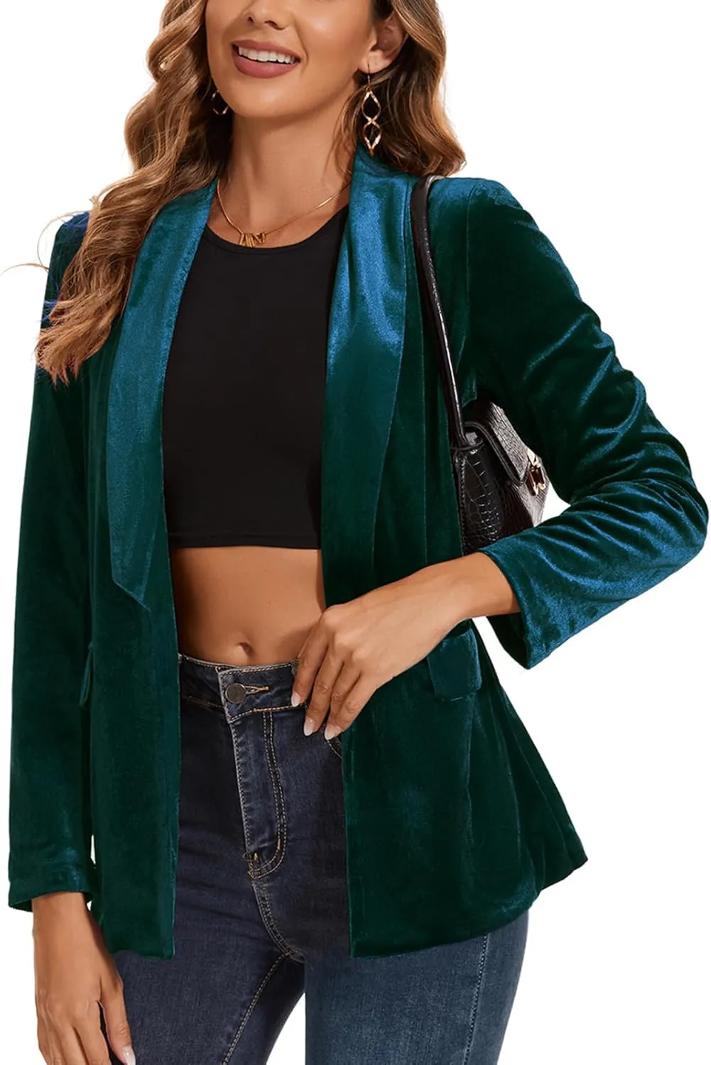 MINTLIMIT Women's Velvet Cardigan Jacket Shawl Collar Open Front Vintage Office Blazer Jacket Suit with Pockets
