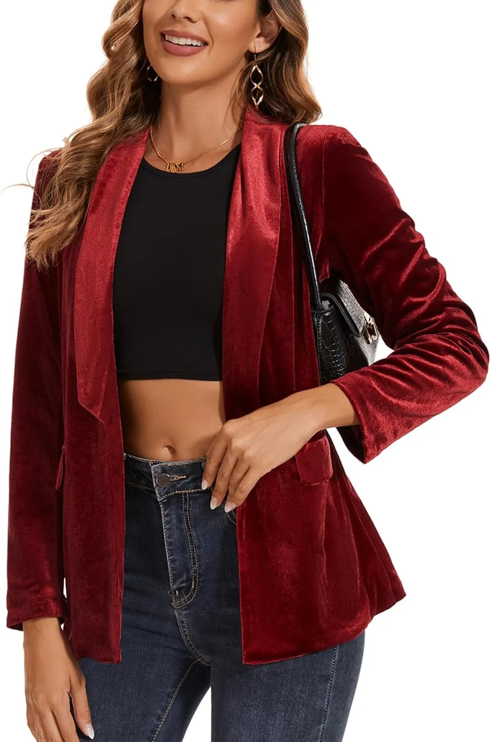 MINTLIMIT Women's Velvet Cardigan Jacket Shawl Collar Open Front Vintage Office Blazer Jacket Suit with Pockets