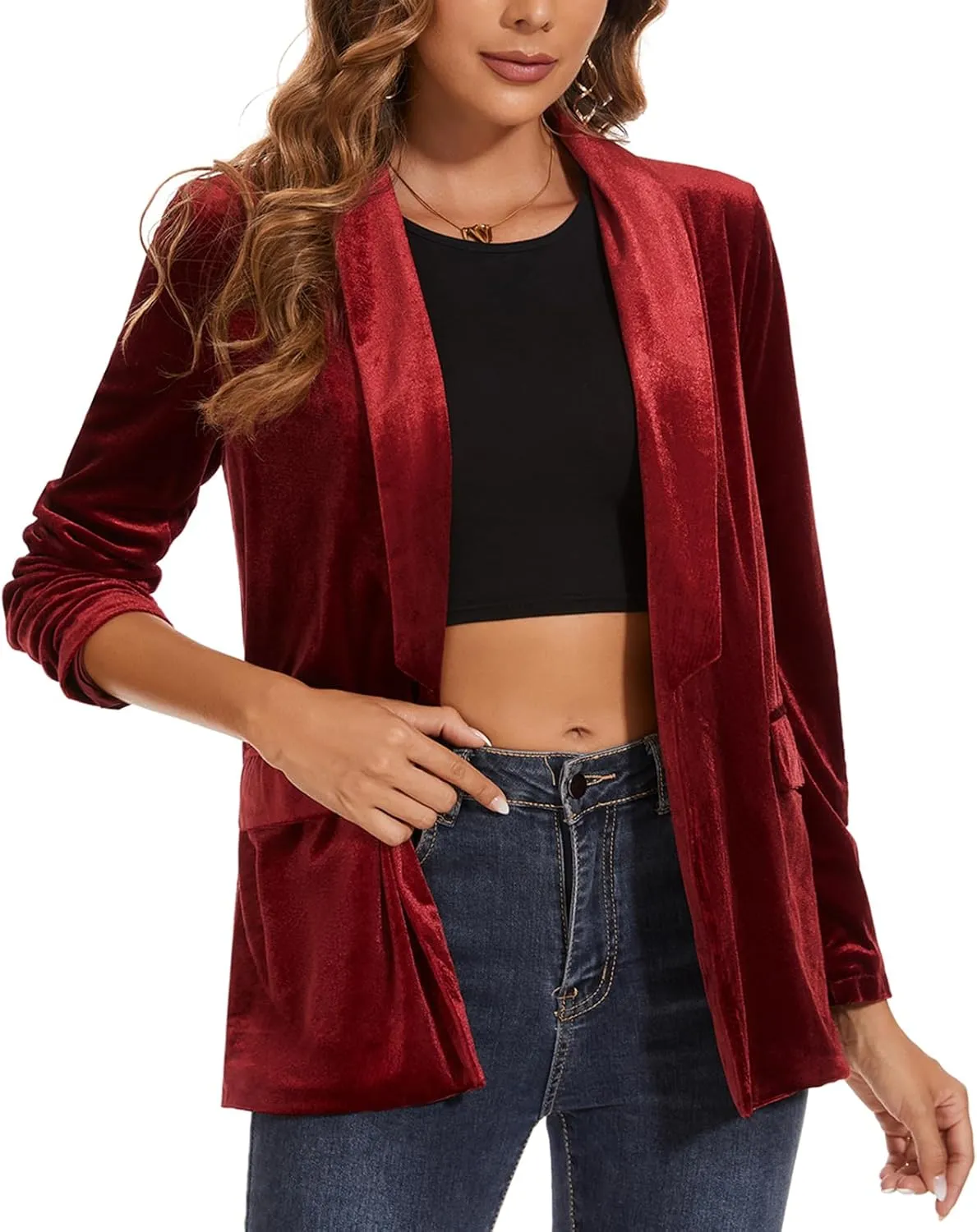 MINTLIMIT Women's Velvet Cardigan Jacket Shawl Collar Open Front Vintage Office Blazer Jacket Suit with Pockets