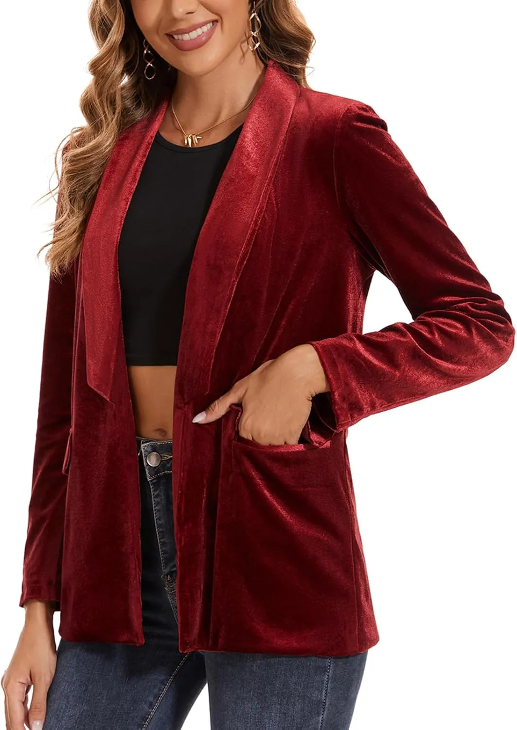 MINTLIMIT Women's Velvet Cardigan Jacket Shawl Collar Open Front Vintage Office Blazer Jacket Suit with Pockets