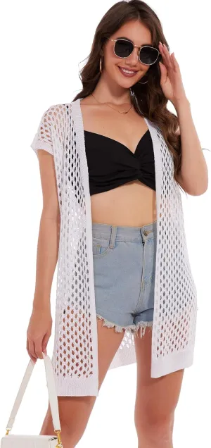 Moss Rose Womens Sleeveless Cardigans Vests Long Open Front Hollow Crochet Cardigan Sweater Duster Vest