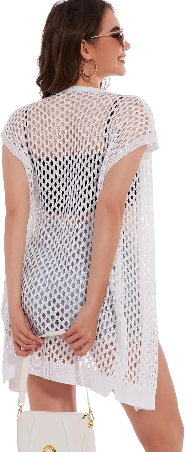 Moss Rose Womens Sleeveless Cardigans Vests Long Open Front Hollow Crochet Cardigan Sweater Duster Vest