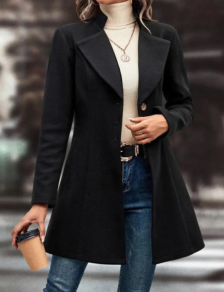 Mywinway Wool Coats for Women Fall Winter Trench Coat Peacoat Long Tweed Blazer Jackets Outwear,Beige,L