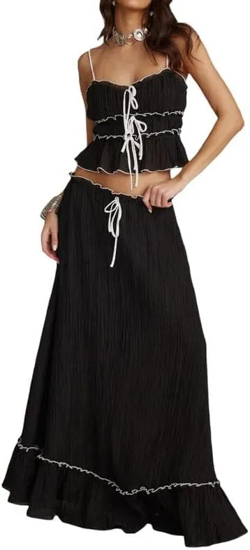 NUFIWI Sexy 2 Pieces Long Skirt Set Sleeveless Crop Cami Top and Flowy Pleated Skirts Set Ruffle Sheer Maxi Skirt Beach Suit