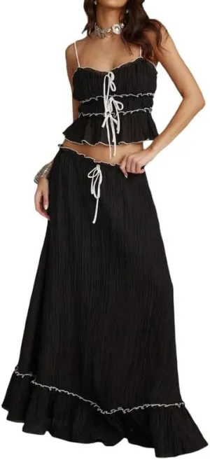 NUFIWI Sexy 2 Pieces Long Skirt Set Sleeveless Crop Cami Top and Flowy Pleated Skirts Set Ruffle Sheer Maxi Skirt Beach Suit