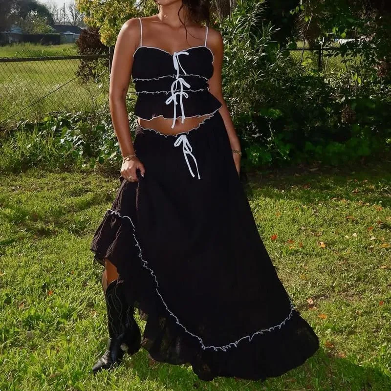 NUFIWI Sexy 2 Pieces Long Skirt Set Sleeveless Crop Cami Top and Flowy Pleated Skirts Set Ruffle Sheer Maxi Skirt Beach Suit