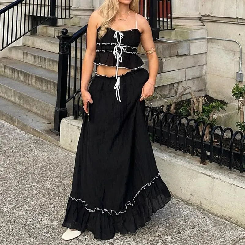NUFIWI Sexy 2 Pieces Long Skirt Set Sleeveless Crop Cami Top and Flowy Pleated Skirts Set Ruffle Sheer Maxi Skirt Beach Suit
