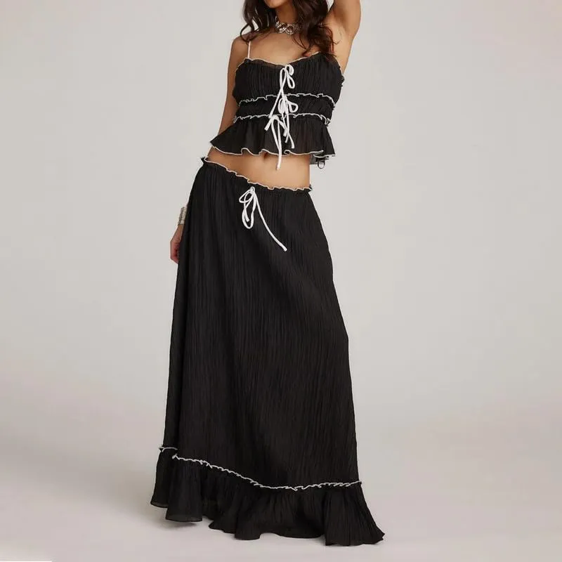 NUFIWI Sexy 2 Pieces Long Skirt Set Sleeveless Crop Cami Top and Flowy Pleated Skirts Set Ruffle Sheer Maxi Skirt Beach Suit