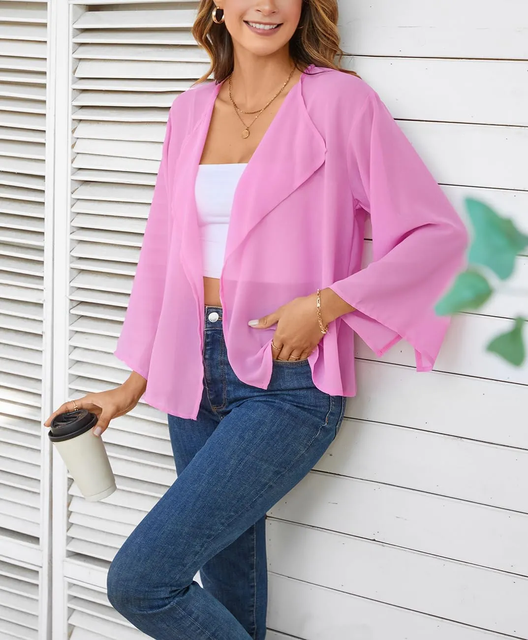 olrain Women Summer Tops 3/4 Chiffon Kimono Cardigans Short Shrugs Cusual Loose Open Front Bolero Cape Cover Up
