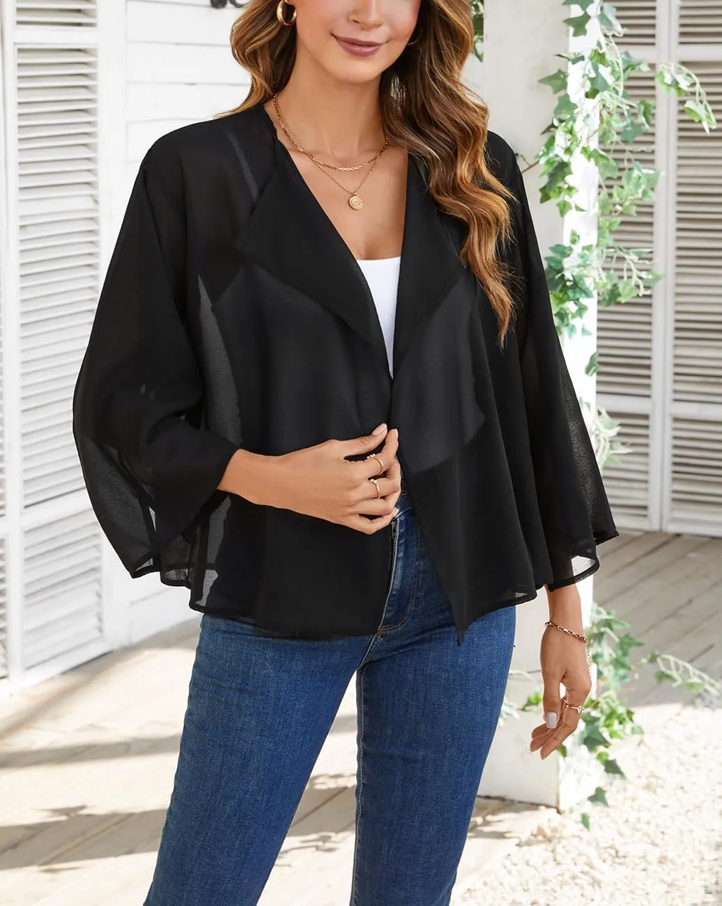 olrain Women Summer Tops 3/4 Chiffon Kimono Cardigans Short Shrugs Cusual Loose Open Front Bolero Cape Cover Up