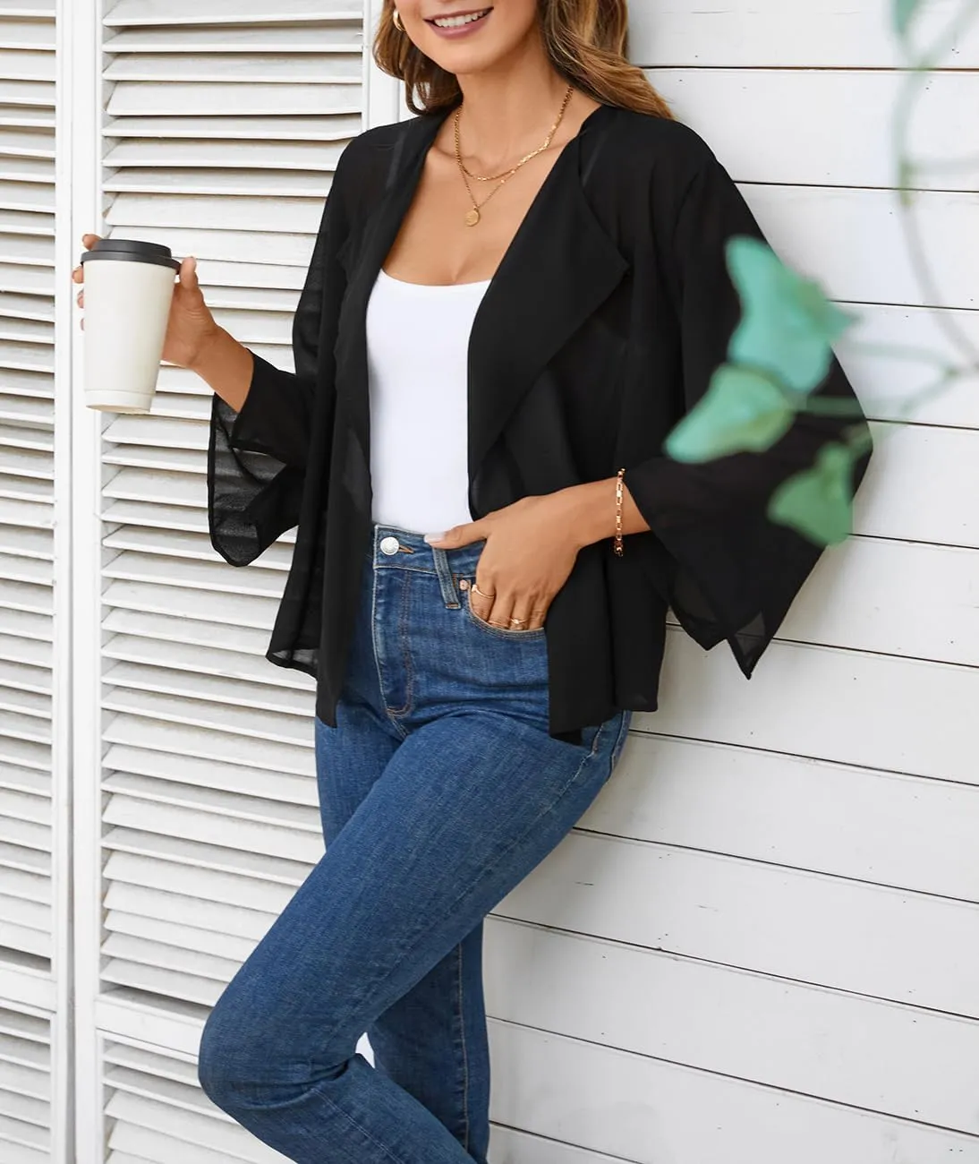 olrain Women Summer Tops 3/4 Chiffon Kimono Cardigans Short Shrugs Cusual Loose Open Front Bolero Cape Cover Up
