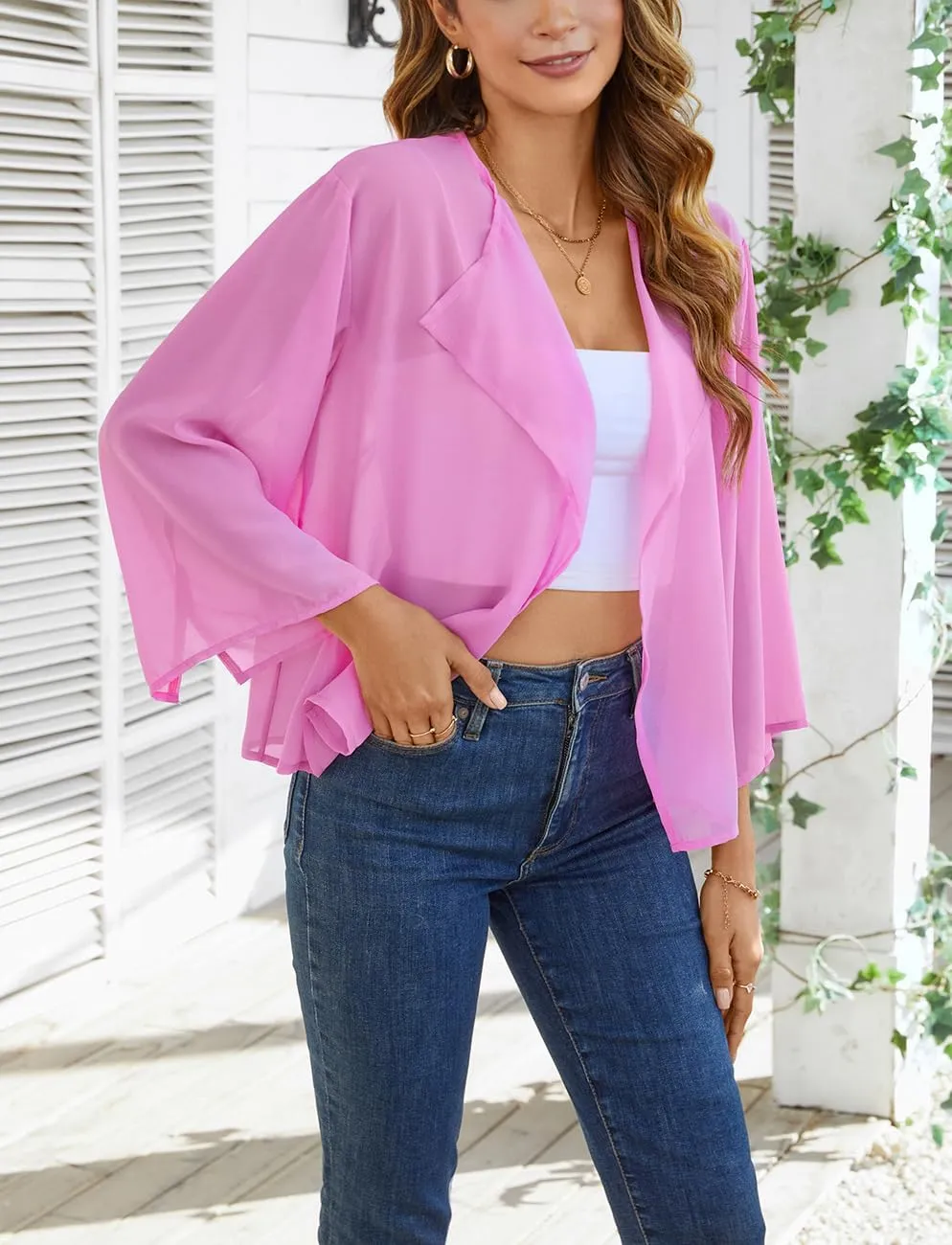 olrain Women Summer Tops 3/4 Chiffon Kimono Cardigans Short Shrugs Cusual Loose Open Front Bolero Cape Cover Up
