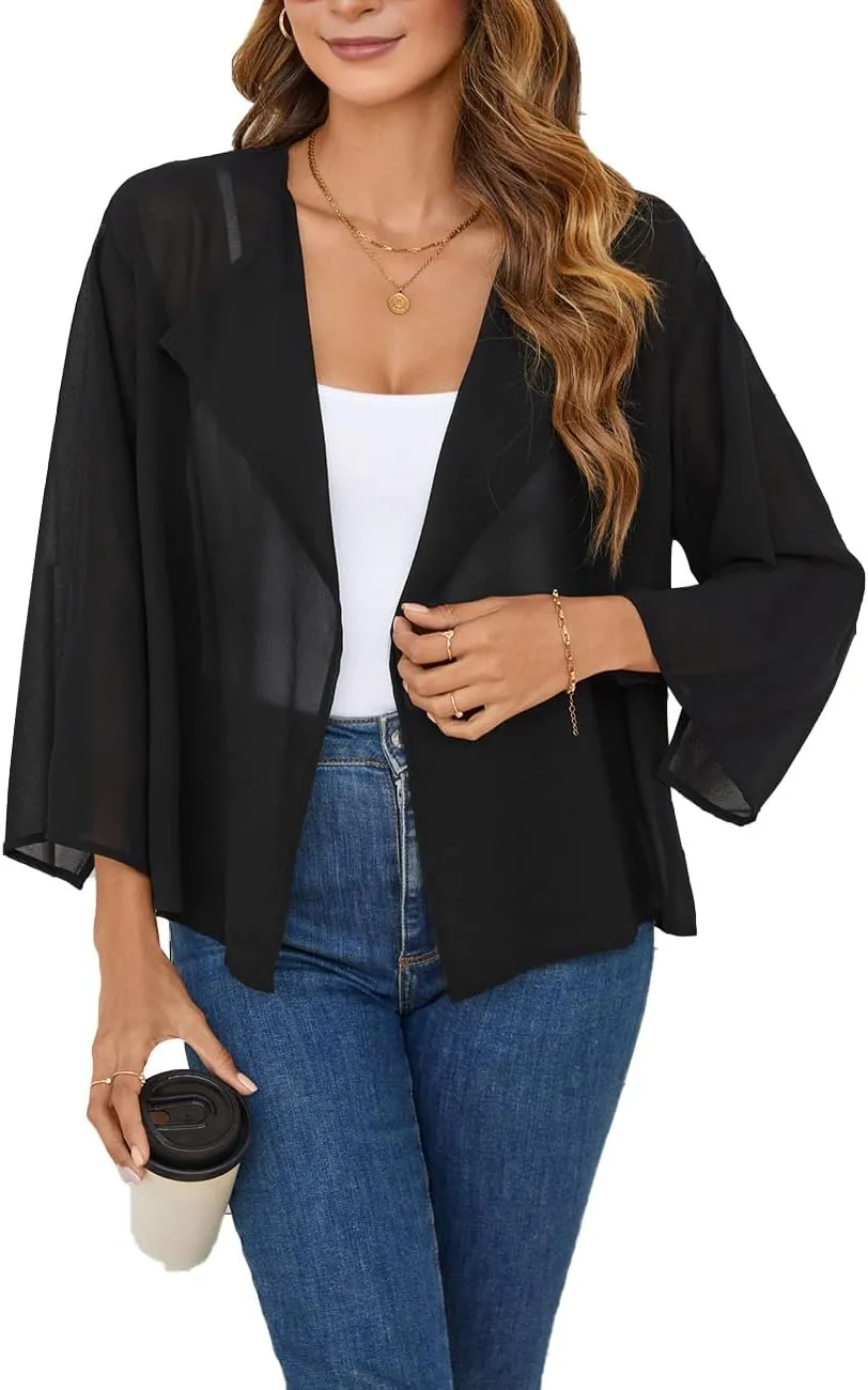 olrain Women Summer Tops 3/4 Chiffon Kimono Cardigans Short Shrugs Cusual Loose Open Front Bolero Cape Cover Up
