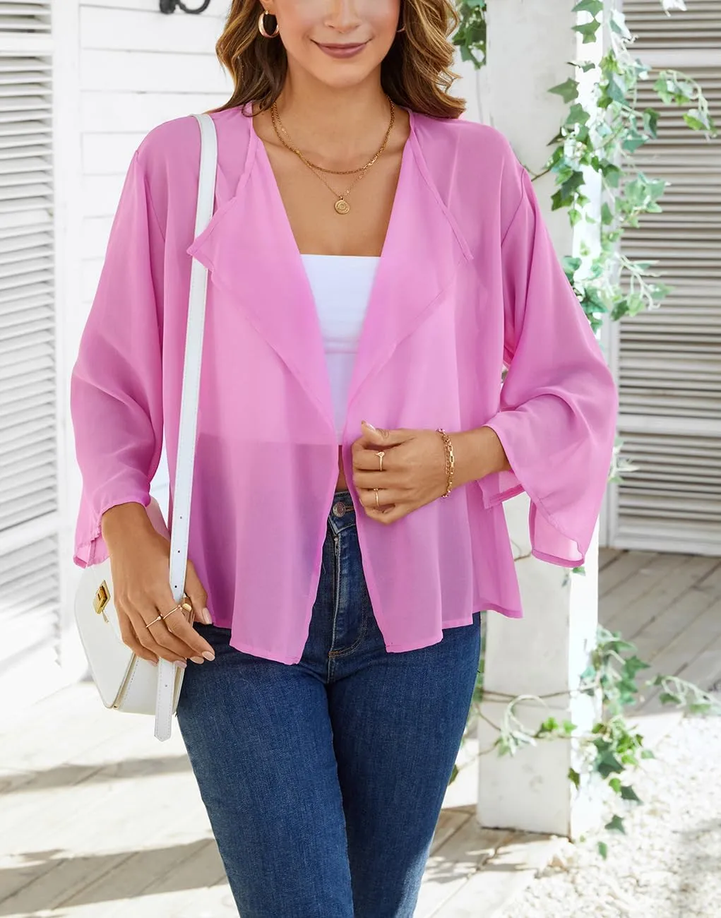 olrain Women Summer Tops 3/4 Chiffon Kimono Cardigans Short Shrugs Cusual Loose Open Front Bolero Cape Cover Up