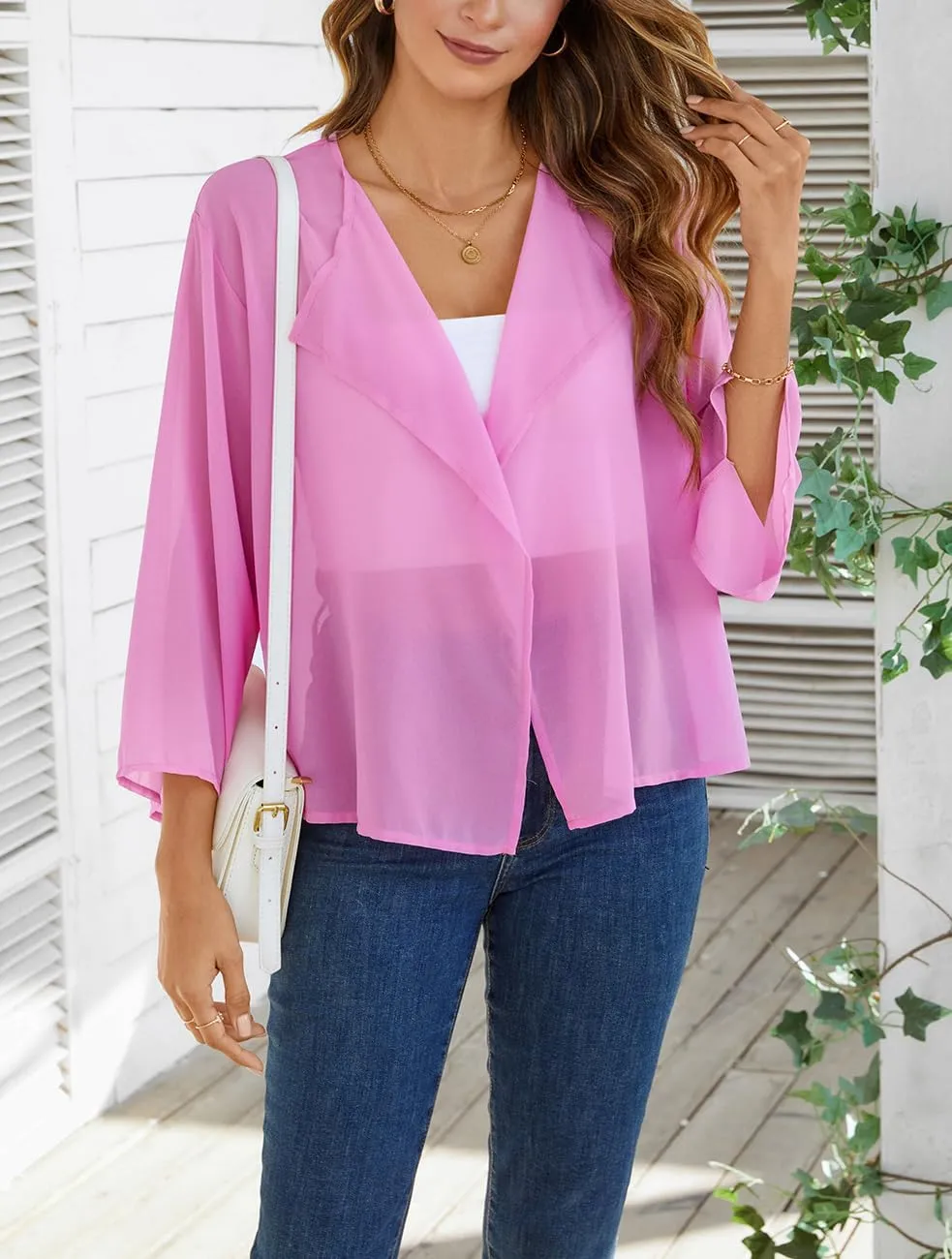 olrain Women Summer Tops 3/4 Chiffon Kimono Cardigans Short Shrugs Cusual Loose Open Front Bolero Cape Cover Up