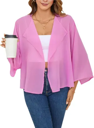 olrain Women Summer Tops 3/4 Chiffon Kimono Cardigans Short Shrugs Cusual Loose Open Front Bolero Cape Cover Up
