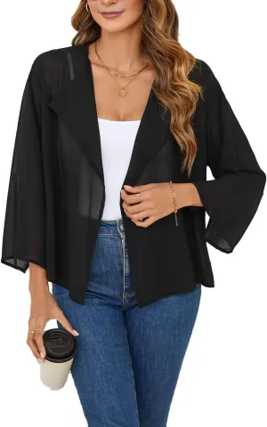 olrain Women Summer Tops 3/4 Chiffon Kimono Cardigans Short Shrugs Cusual Loose Open Front Bolero Cape Cover Up