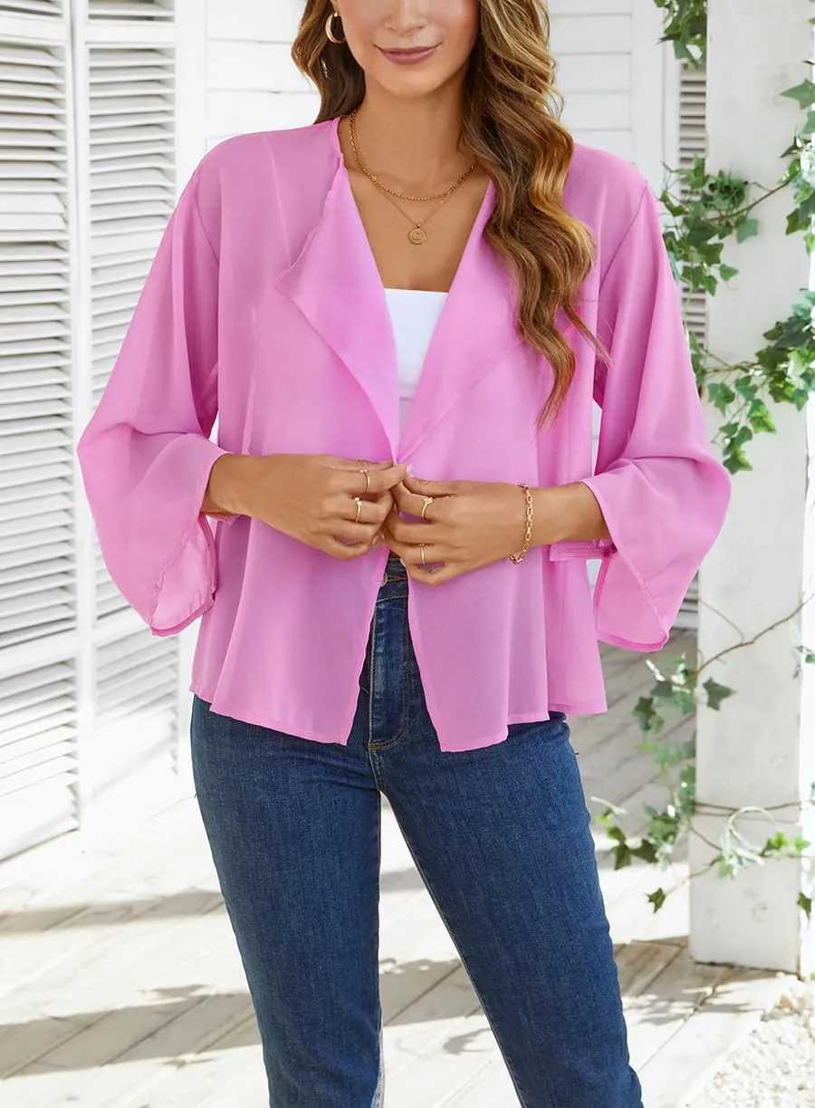 olrain Women Summer Tops 3/4 Chiffon Kimono Cardigans Short Shrugs Cusual Loose Open Front Bolero Cape Cover Up