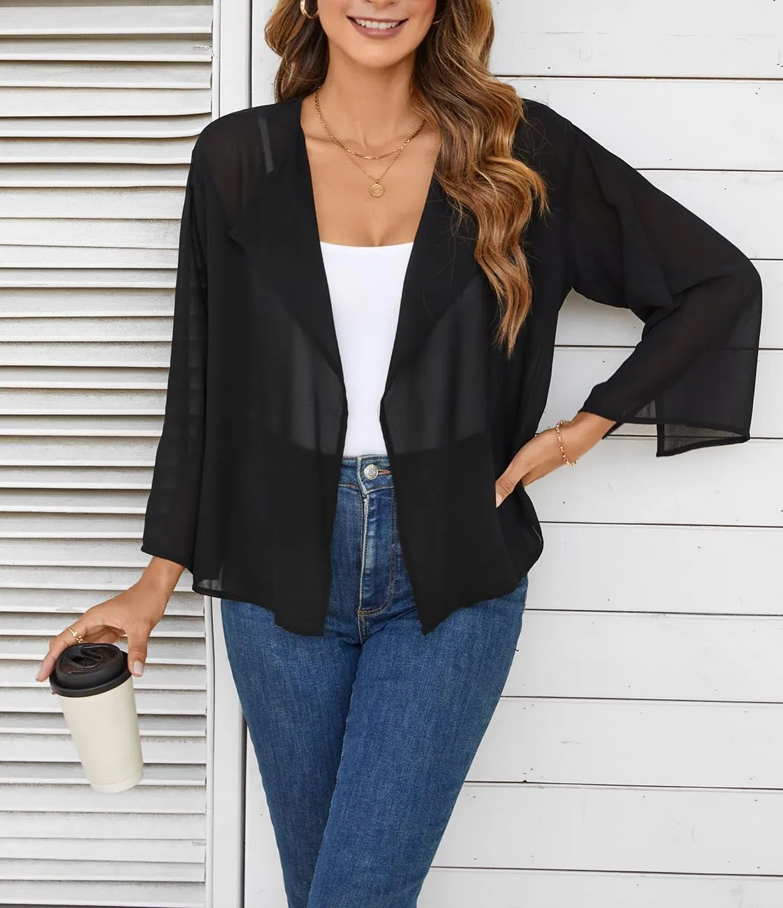 olrain Women Summer Tops 3/4 Chiffon Kimono Cardigans Short Shrugs Cusual Loose Open Front Bolero Cape Cover Up