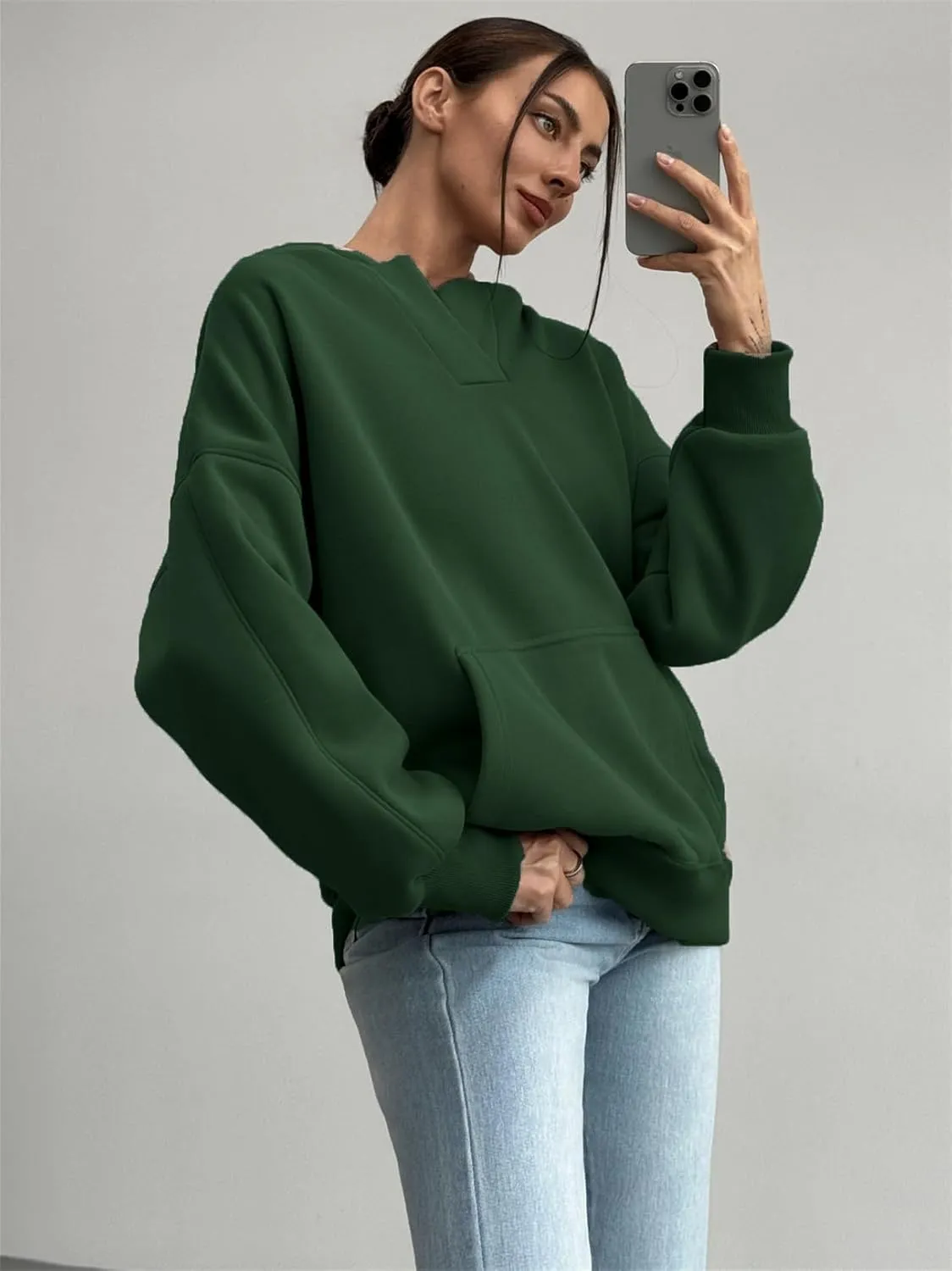PAODIKUAI Women's Oversized Hoodies V Neck Pullover Fleece Sweatshirt Long Sleeve with Pocket Casual Winter Fall Outfits