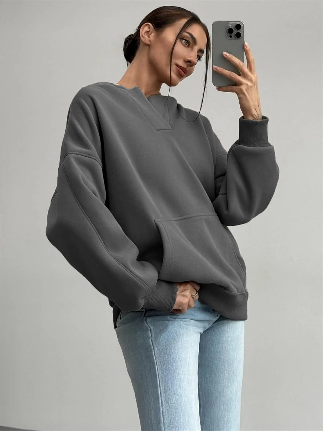 PAODIKUAI Women's Oversized Hoodies V Neck Pullover Fleece Sweatshirt Long Sleeve with Pocket Casual Winter Fall Outfits