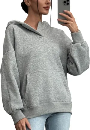 PAODIKUAI Women's Oversized Hoodies V Neck Pullover Fleece Sweatshirt Long Sleeve with Pocket Casual Winter Fall Outfits