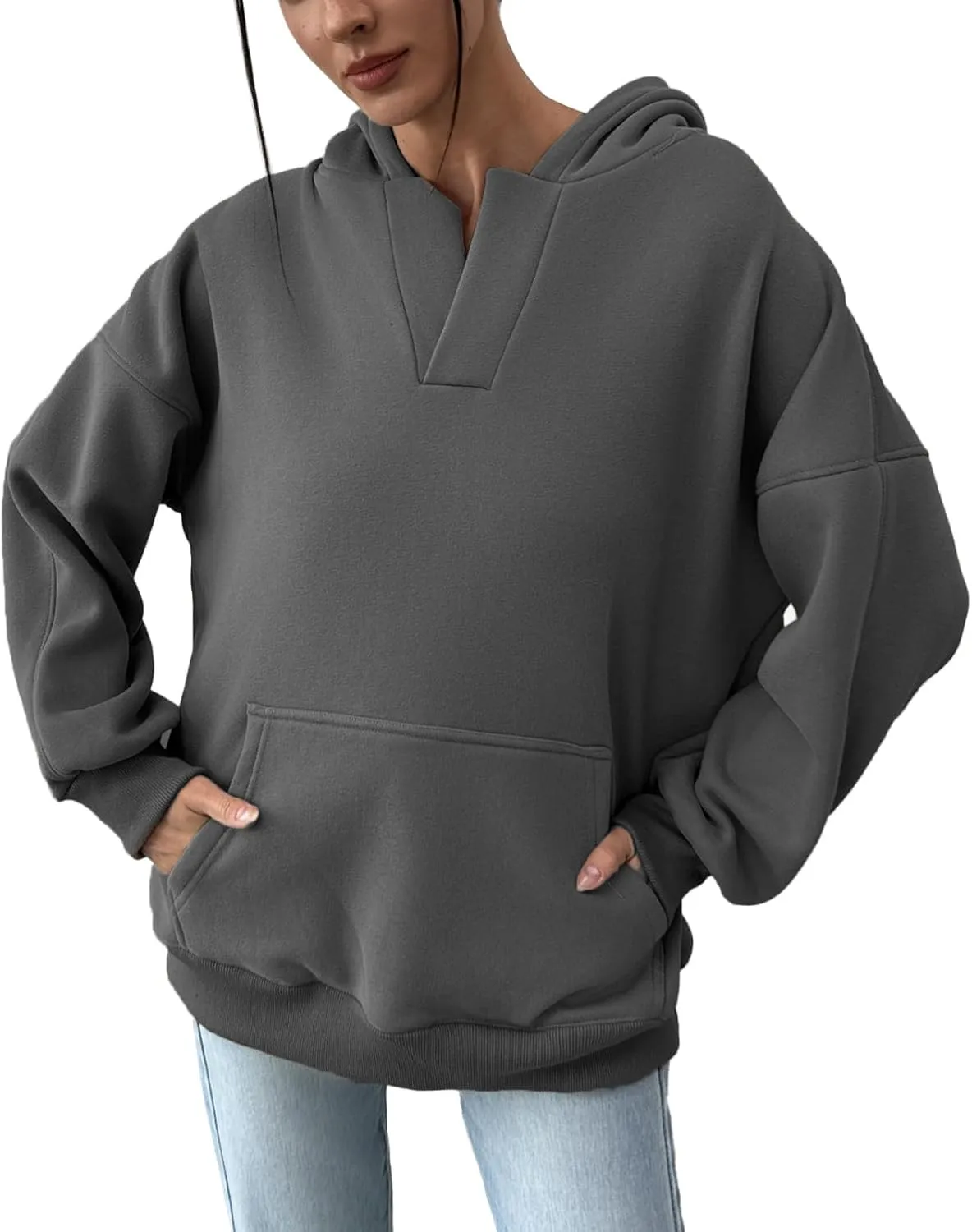 PAODIKUAI Women's Oversized Hoodies V Neck Pullover Fleece Sweatshirt Long Sleeve with Pocket Casual Winter Fall Outfits