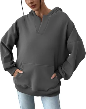 PAODIKUAI Women's Oversized Hoodies V Neck Pullover Fleece Sweatshirt Long Sleeve with Pocket Casual Winter Fall Outfits