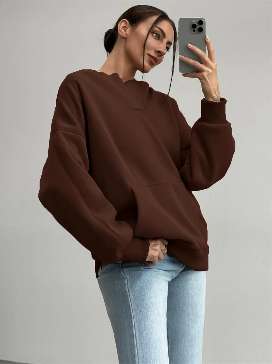 PAODIKUAI Women's Oversized Hoodies V Neck Pullover Fleece Sweatshirt Long Sleeve with Pocket Casual Winter Fall Outfits
