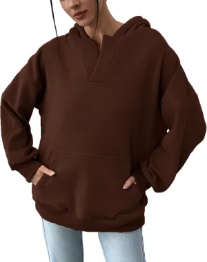 PAODIKUAI Women's Oversized Hoodies V Neck Pullover Fleece Sweatshirt Long Sleeve with Pocket Casual Winter Fall Outfits