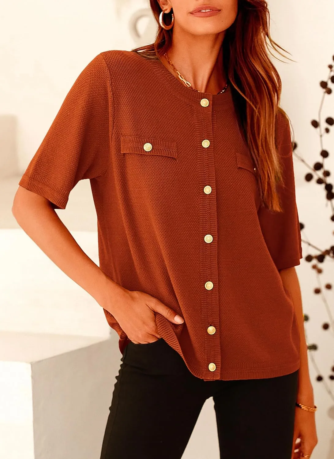 PRETTYGARDEN Women's Summer Button Down Shirts Casual Short Sleeve Crew Neck Ribbed Knit Blouse Top Cardigans