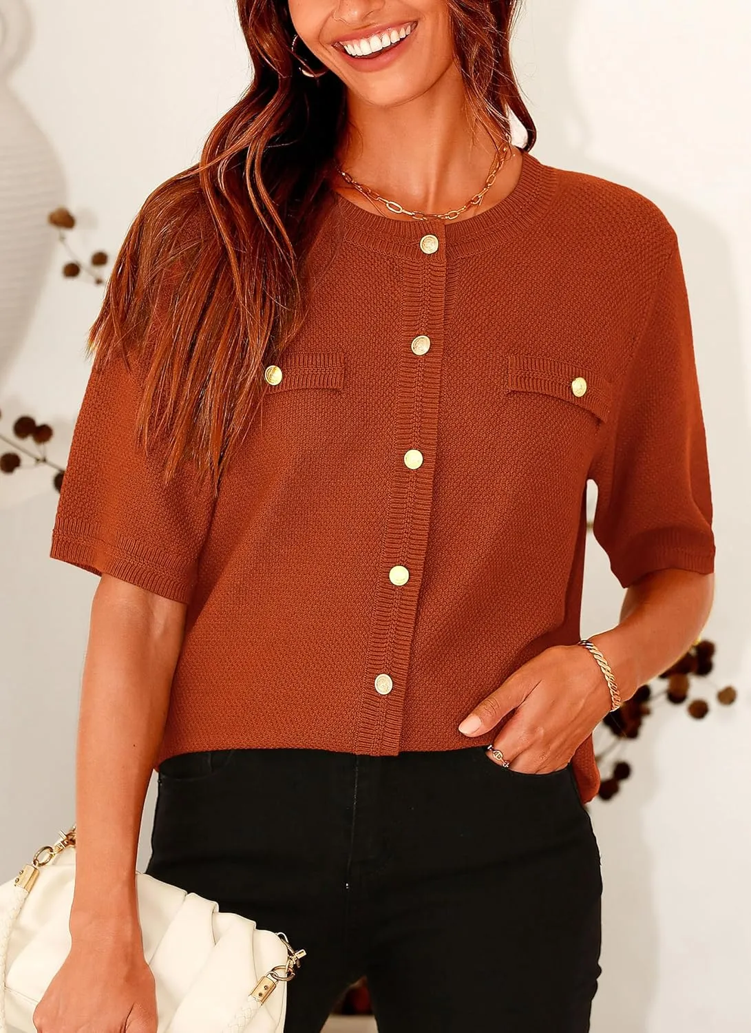 PRETTYGARDEN Women's Summer Button Down Shirts Casual Short Sleeve Crew Neck Ribbed Knit Blouse Top Cardigans