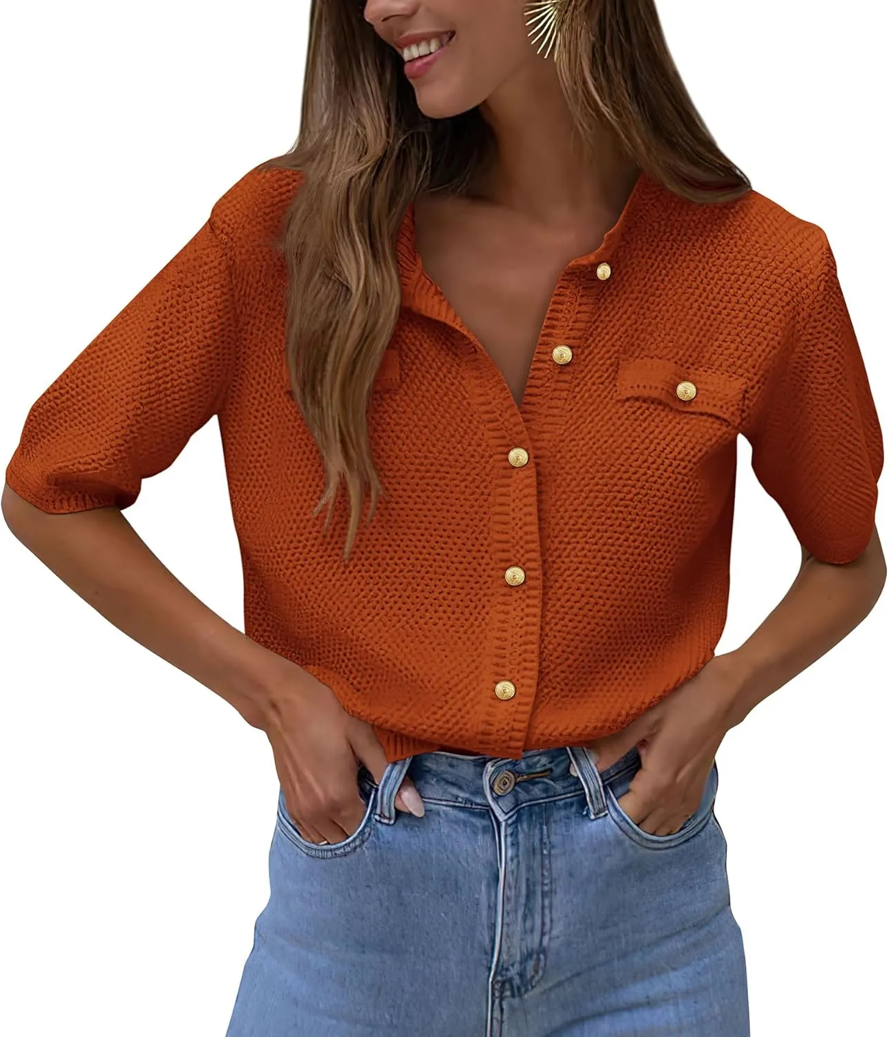 PRETTYGARDEN Women's Summer Button Down Shirts Casual Short Sleeve Crew Neck Ribbed Knit Blouse Top Cardigans