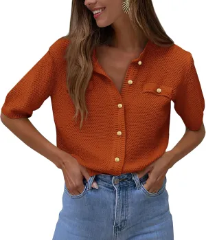 PRETTYGARDEN Women's Summer Button Down Shirts Casual Short Sleeve Crew Neck Ribbed Knit Blouse Top Cardigans