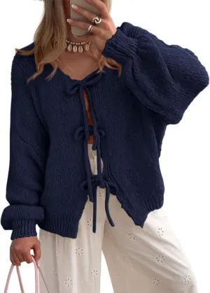 PRETTYGARDEN Women's Tie Front Bow Cardigan Sweaters Chunky Knit Long Puff Sleeve Trendy Fall Winter Jacket Coats